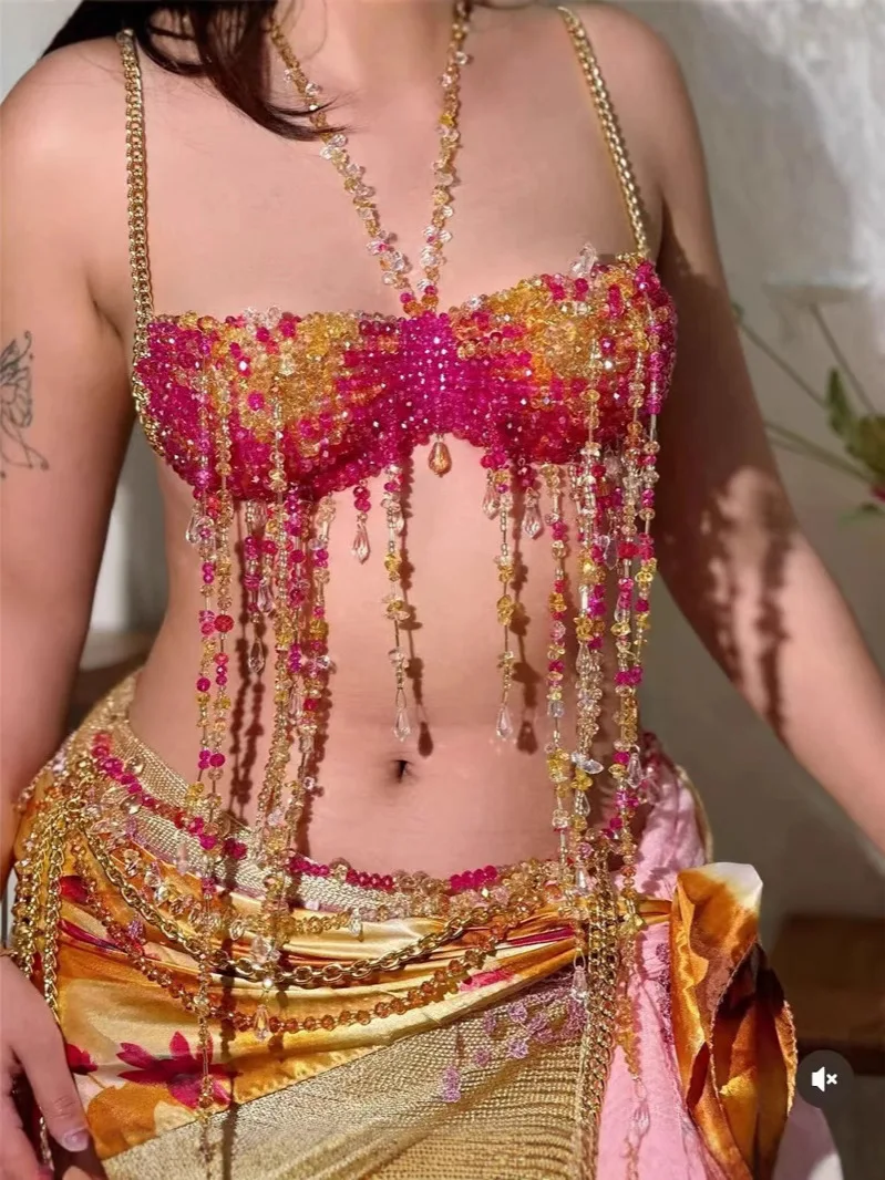 Women's Beading Vest Hollow Out Tops Body Beachwear Lingerie Harness Beaded  Bralette Neck Bra Bustier Bra Women Club Rave