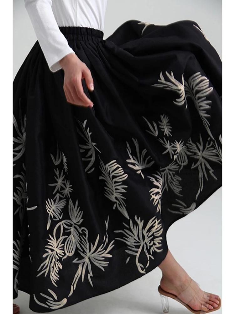 Original Palace Wind Embroidery Ultra Long Skirt 2023 New Autumn Elastic High Waist A-line Skirts Big Swing Ball Gown Skirt