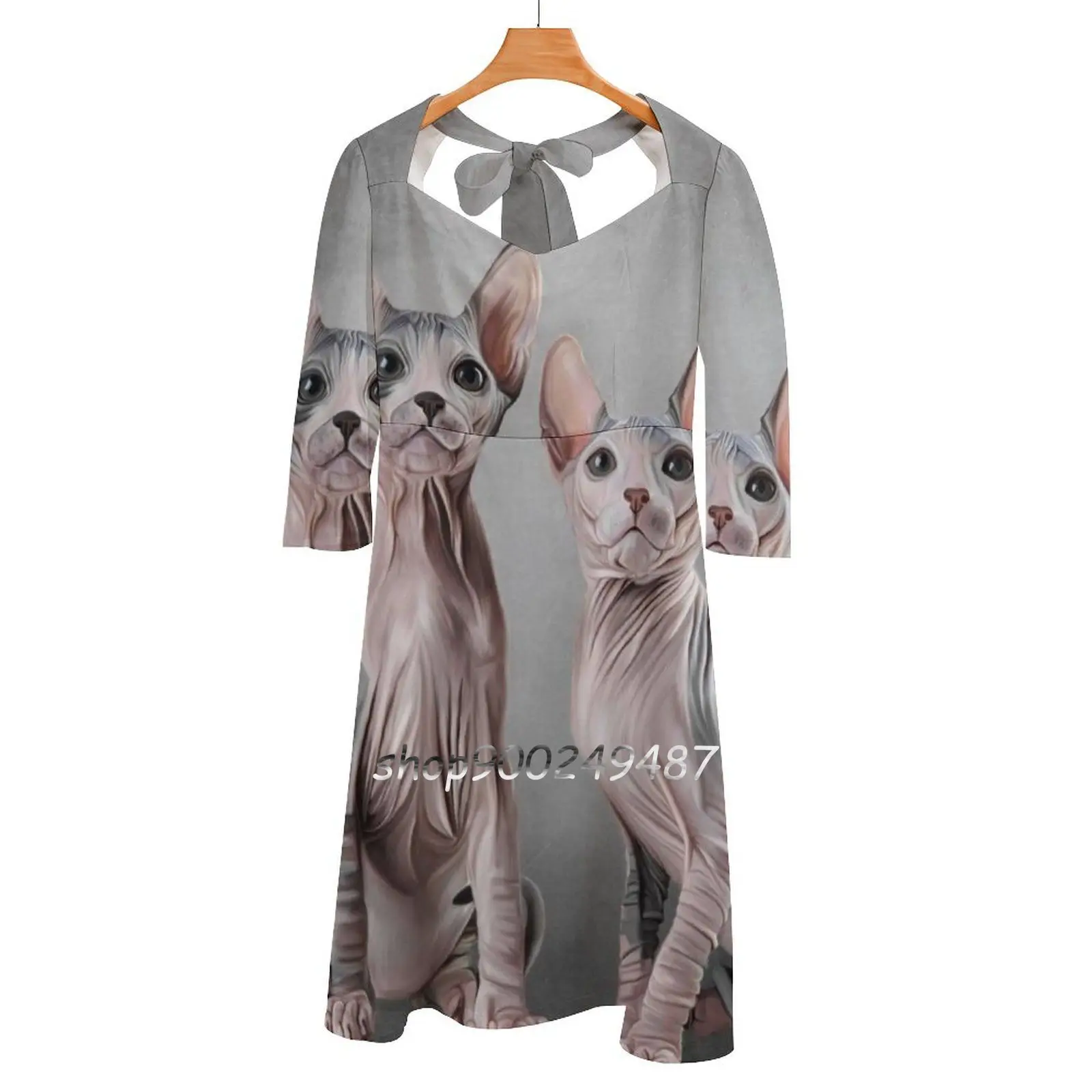 Drawing Two Cats Sphynx , Hairless Flare Dress Square Neck Dress Elegant Female Fashion Printed Dress Cat Portrait Sphinx