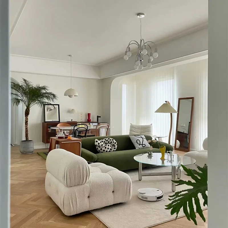 Medieval retro green velvet fabric collection i wood module light luxury three-person fat sofa