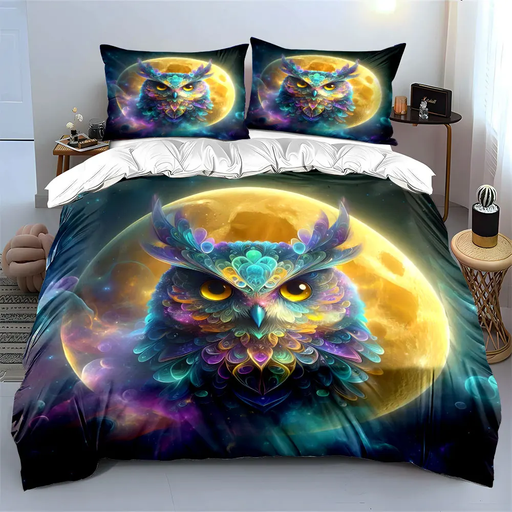 Colorful Owl Moon Art Decor Set Multiple sizes kid's and adults' bedroom Exquisite 3PC bedding set, gift