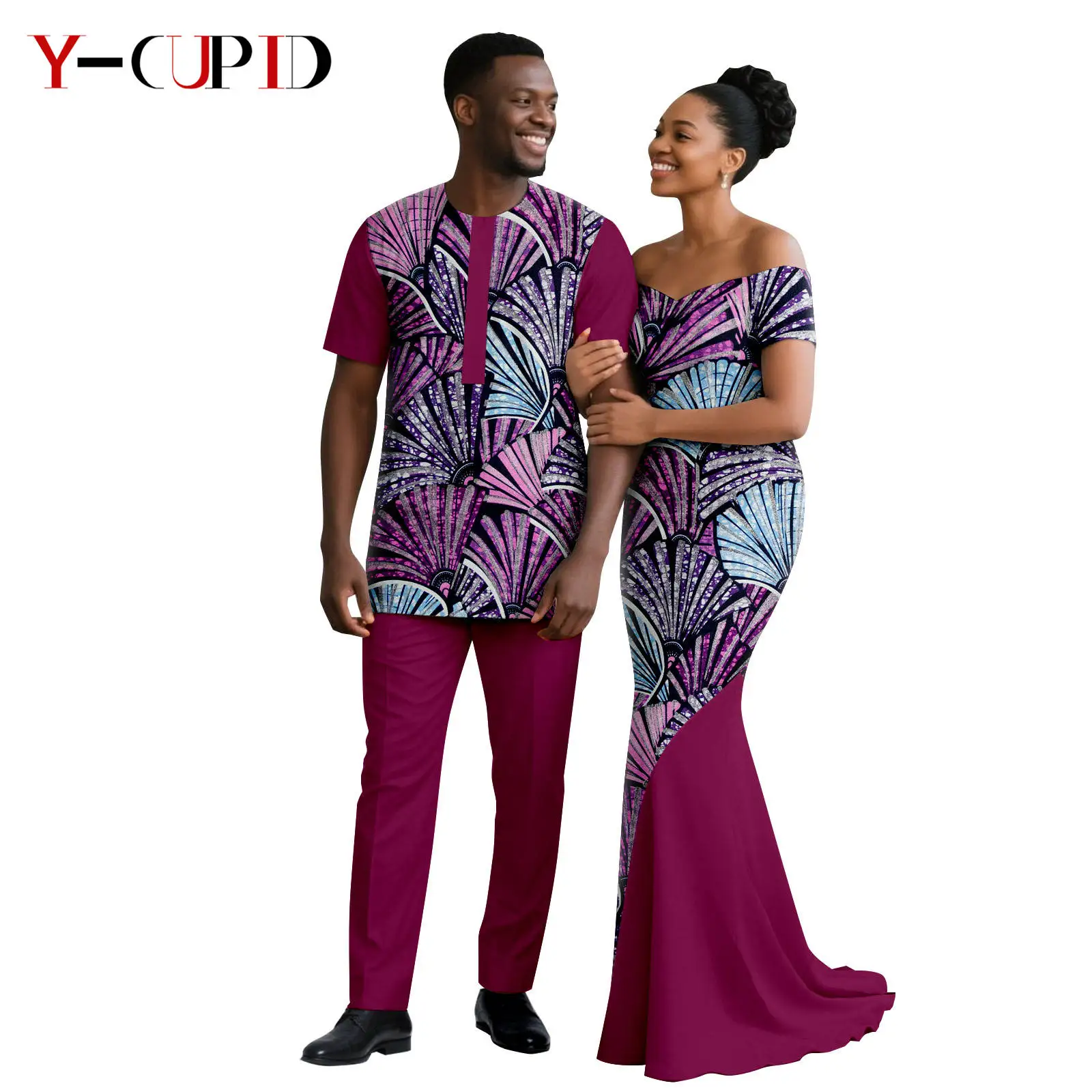 

African Print Mermaid Dresses for Women Matching Couple Clothes Party Vestido Men Outfits Dashiki Top Shirt and Pant Sets 25C072