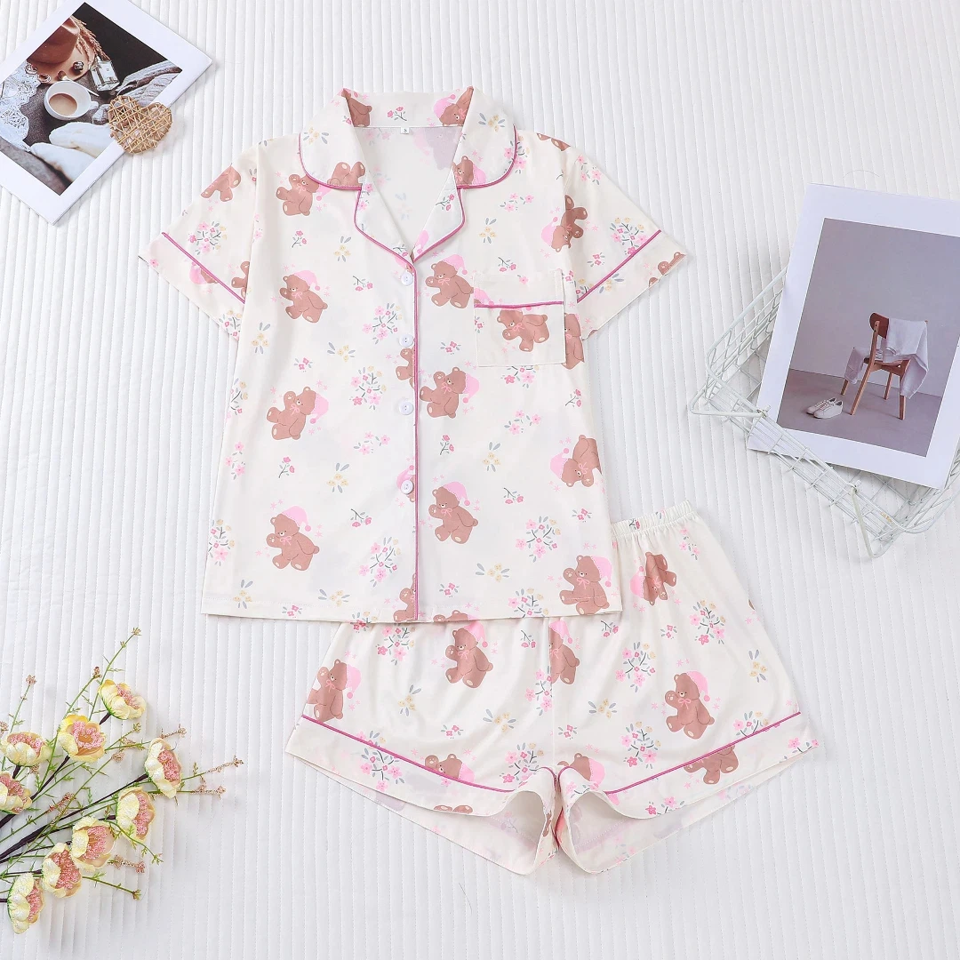 

Women's Pajama with teddy bear Print Brown Lapel Short Sleeve Short Pants Trousers Loungewear Home Wear Set Clothes Christmas Gi