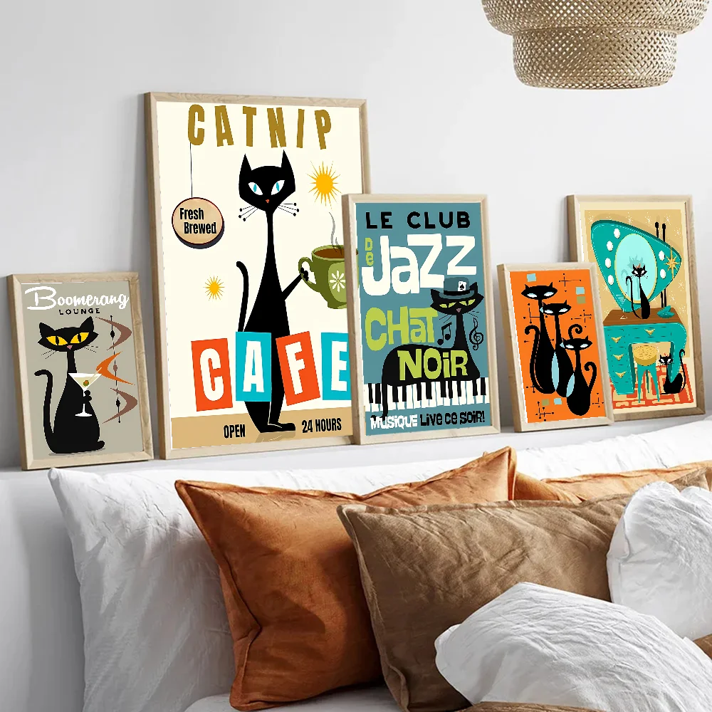 Mid Century Black Cat Classic Vintage Posters Decoracion Painting Wall Art White Kraft Paper Kawaii Room Decor