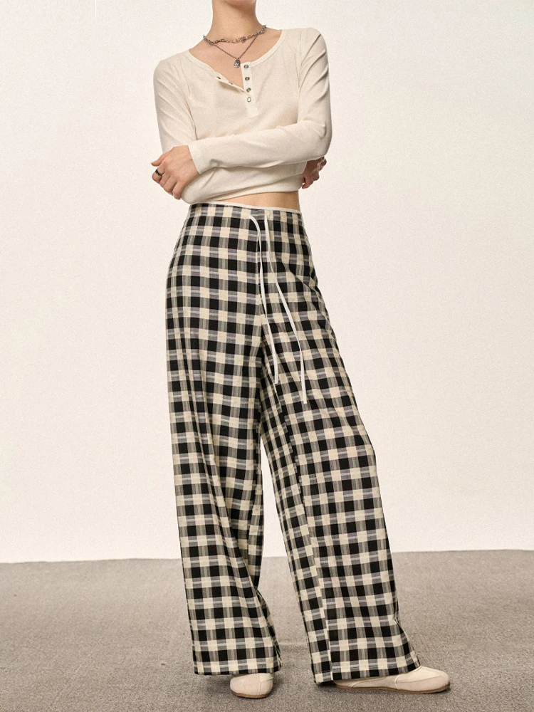 

Американские ретро-брюки в клетку свободного кроя с завязками, прямые, повседневные, для женщин, ранняя осень, винтажные клетчатые брюки