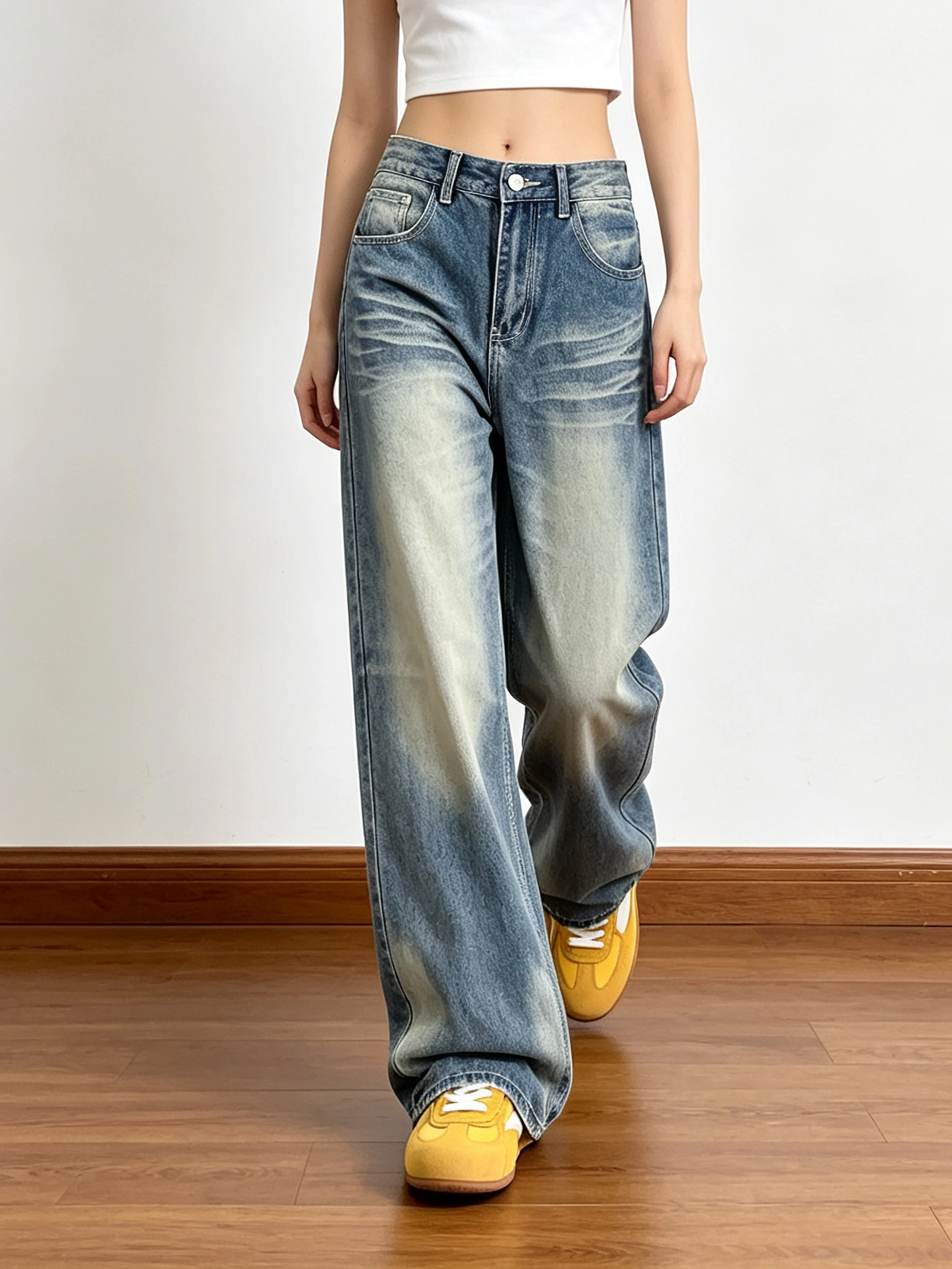 American Style Faded Straight Leg Floor-Length Jeans Women's Wide Leg High Street Style Couple Slimming Long Trousers