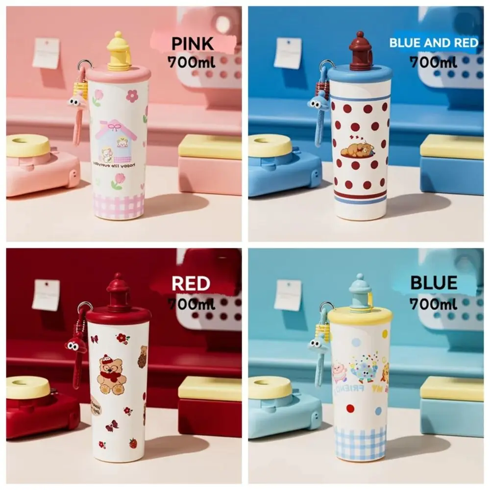 

With Lanyard Portable Vacuum Mug With Filter 700ml Capacity Insulated Sippy Cup Ice Cold Bowknot Design