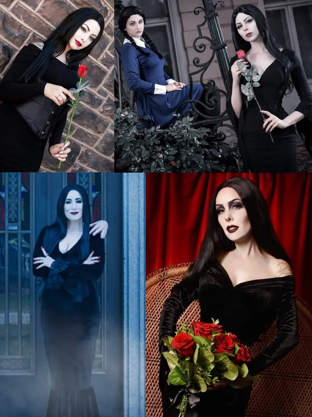 Morticia Addams Dress Pugsley Anime Cosplay Costume Women Adult Gothic Witch Dress with Rose Family Halloween Costumes