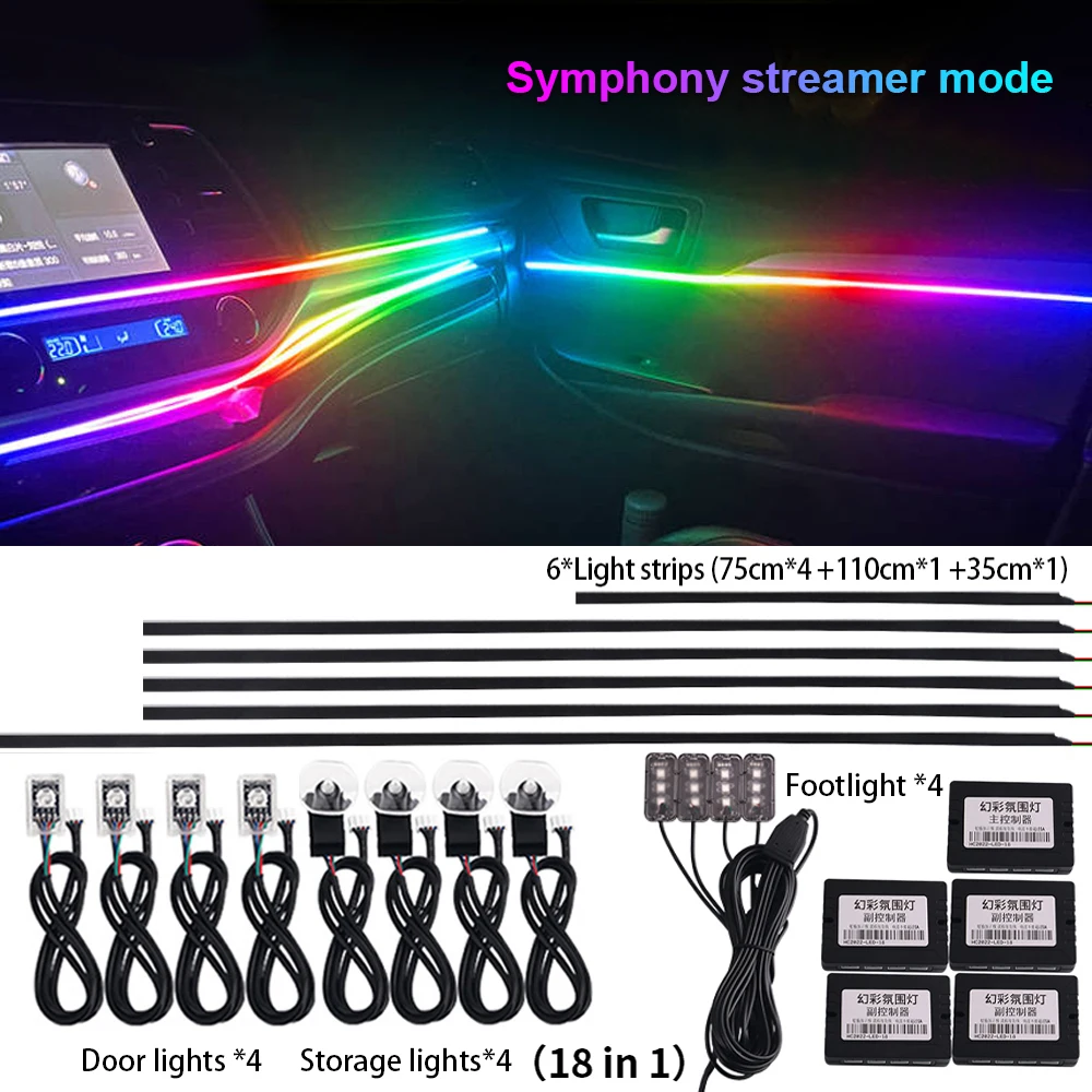 18 in 1 Newest Hidden Car LED Ambient Light Smoke Matt Black Acrylic Strip RGB Symphony Interior Decoration Atmosphere Light Kit
