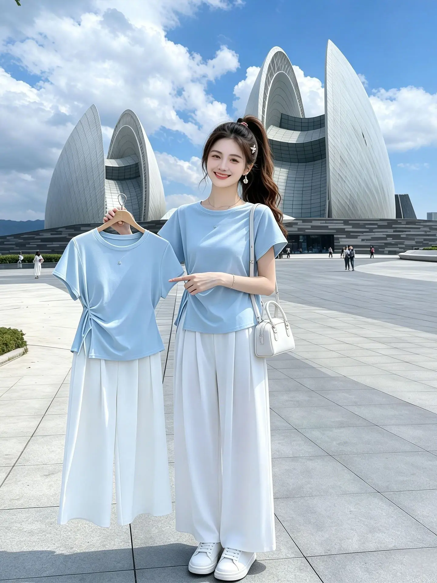 

Blue Age-Defying Two-Piece Set Women's High-Waisted Wide-Leg Pants Casual Summer Outfit Breathable Comfortable T-Shirt