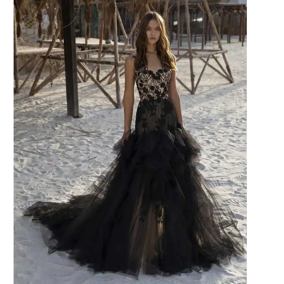 KSDN Black Elegant Formal Evening Dress Sleeveless Appliques Sweep Train Sweetheart Fashion Gown A-Line فساتين طويلة Costume