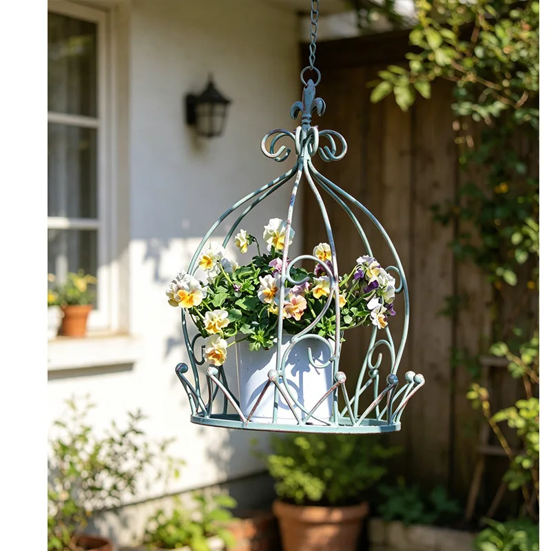 Cross-border wrought iron hanging basket crown shape flower pot balcony courtyard decoration outdoor hanging basket plant