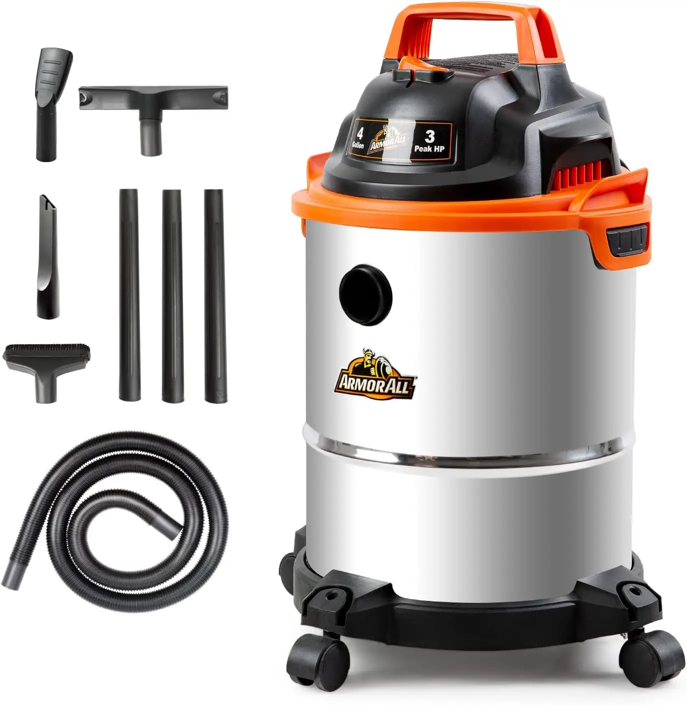 

4 Gallon 3 Peak HP Stainless Steel Wet/Dry Vacuum, Orange - Powerful and Durable for Home Cleaning