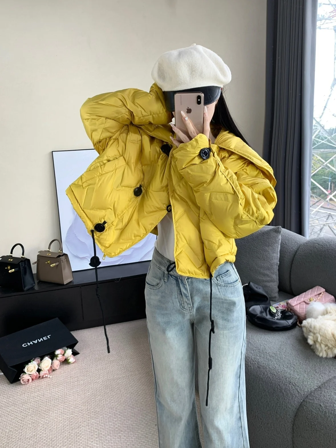 

Легкая свободная желтая пуховая куртка из хлопка с темно-синим воротником для женщин, для повседневной носки, с белым пуховым наполнителем