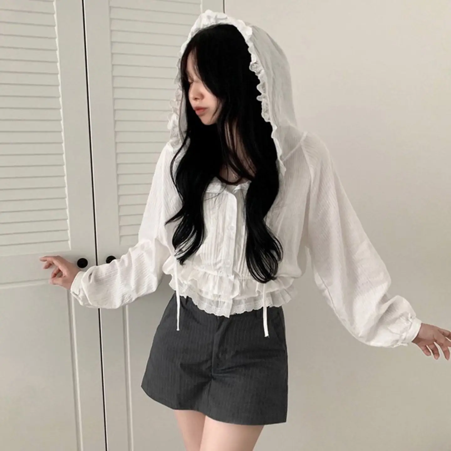 

Japan Lace Spliced ​​Breasted Hooded Thin Coat Women'S White Sun Protection Top New