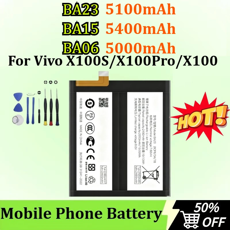 

Newly Upgraded BA23/BA15/BA06 5100mAh/5400mAh/5000mAh Mobile Phone Battery for Vivo X100S / X100Pro / X100 Battery + Tools