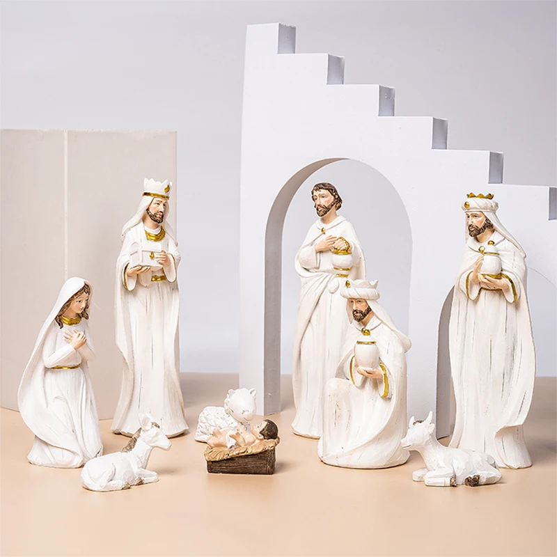 Christmas Jesus Nativity Scene Manger Figurines Home Decoration Props Office Holy Family Desktop Resin Statue Ornaments