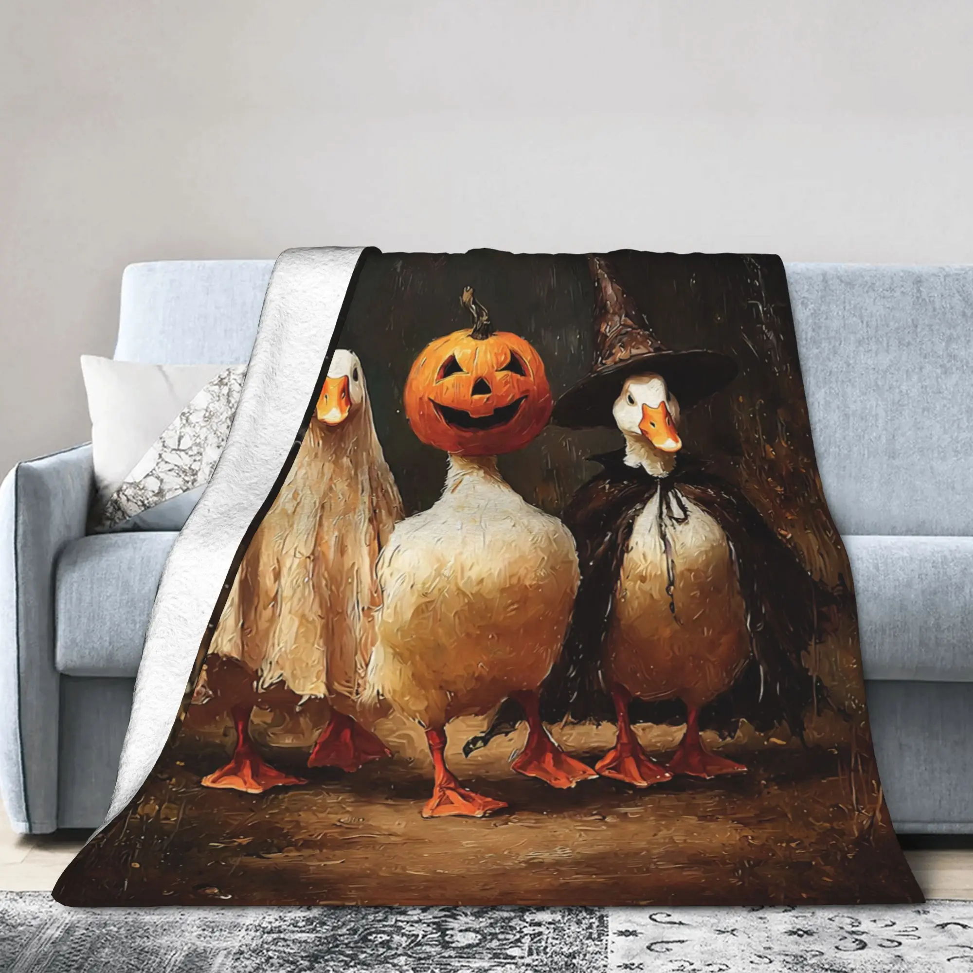 Spooky Goose Halloween Blanket Fleece Spring Autumn Witchy Ghost Multi-function Super Soft Throw Blankets for Bedding Throws