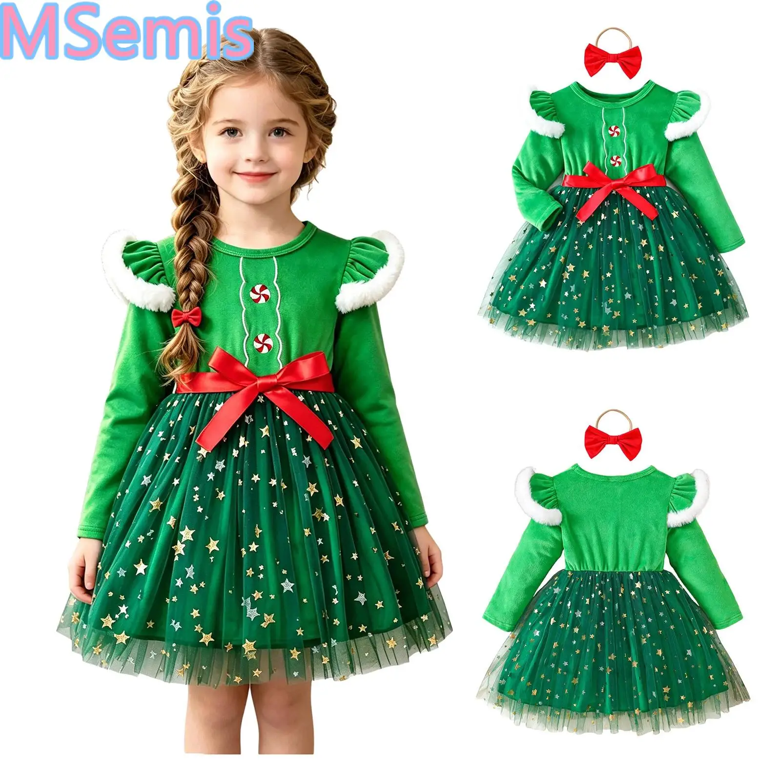 Kids Girls Christmas Xmas Party Tulle Dresses Faux Trim Ruffles Long Sleeves Velvet Bodice Sequin Star Dress with Bow Hairband