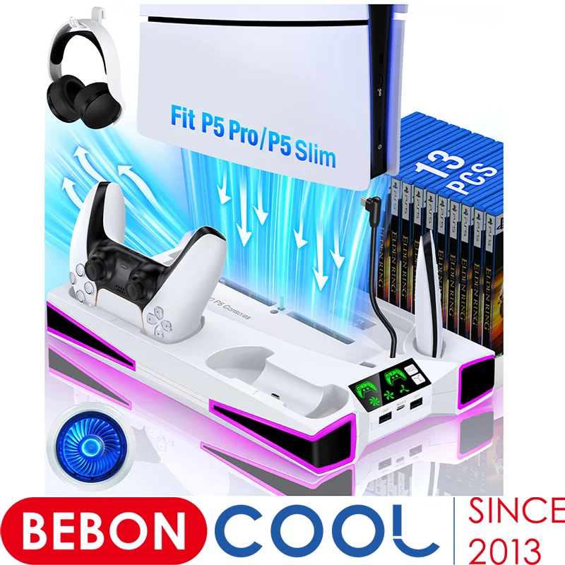 BEBONCOOL Vertical Stand for PS5 pro Slim Dual Fast Charging Cooling Station with Disc/Digital Slot PlayStation 5 Cooling Stand