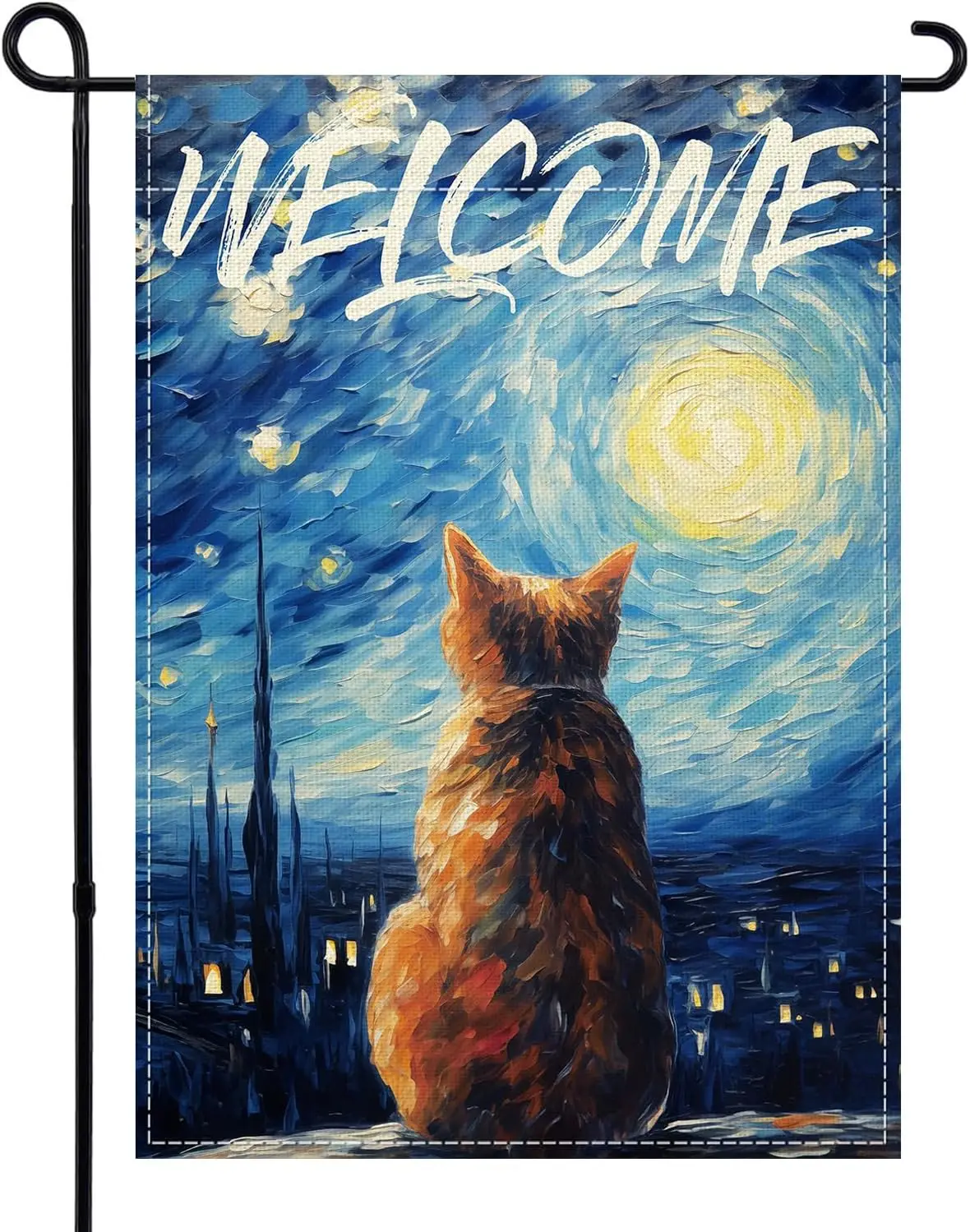 Van Gogh Welcome Starry Cat Garden Flag 12 x 18 inch Double Sided Oil Paint Yard Flags Small Burlap Flag for Outside Decor ( SSL