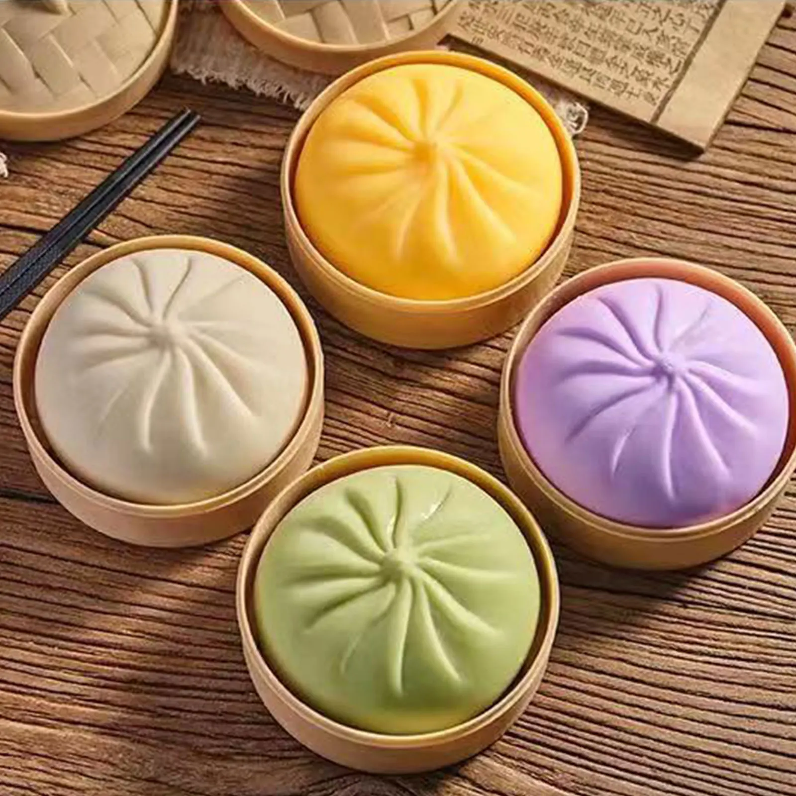 3Pcs Colorful Dumpling Squishes Stress Balls Fidget Sensory Toys Simulation Food Squishies Bun with Steamer Squeeze Dough Ball