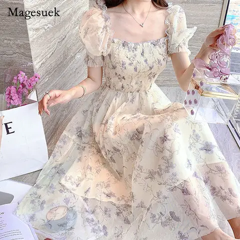2024 Summer White Chiffon Long Dress Casual Floral Party Dress Elegant Short Sleeve Fairy Dresses for Women Sweet Clothing 20044
