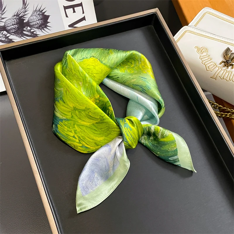 

2024 New 100% Real Silk Square Scarf for Women Floral Print Luxury Nature Silk Neckerchief Female Bag Ribbon Hairband Bandana