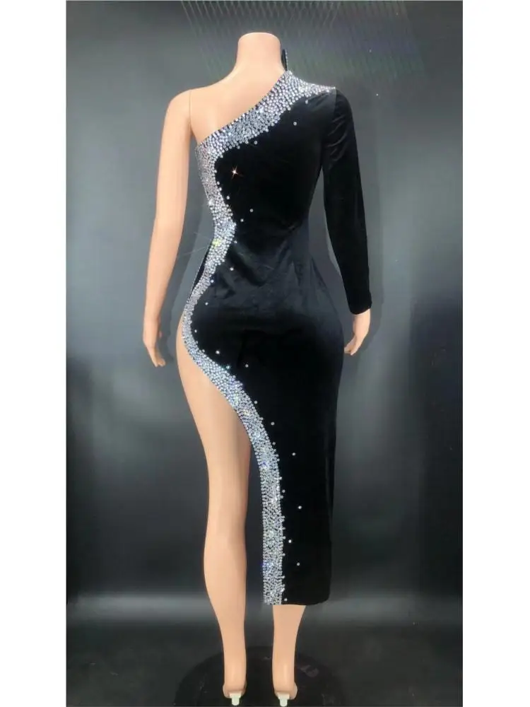 Rhinestone Women Sexy Velvet High Split Long Dress Birthday Club Celebrate Evening Singer Stage Wear