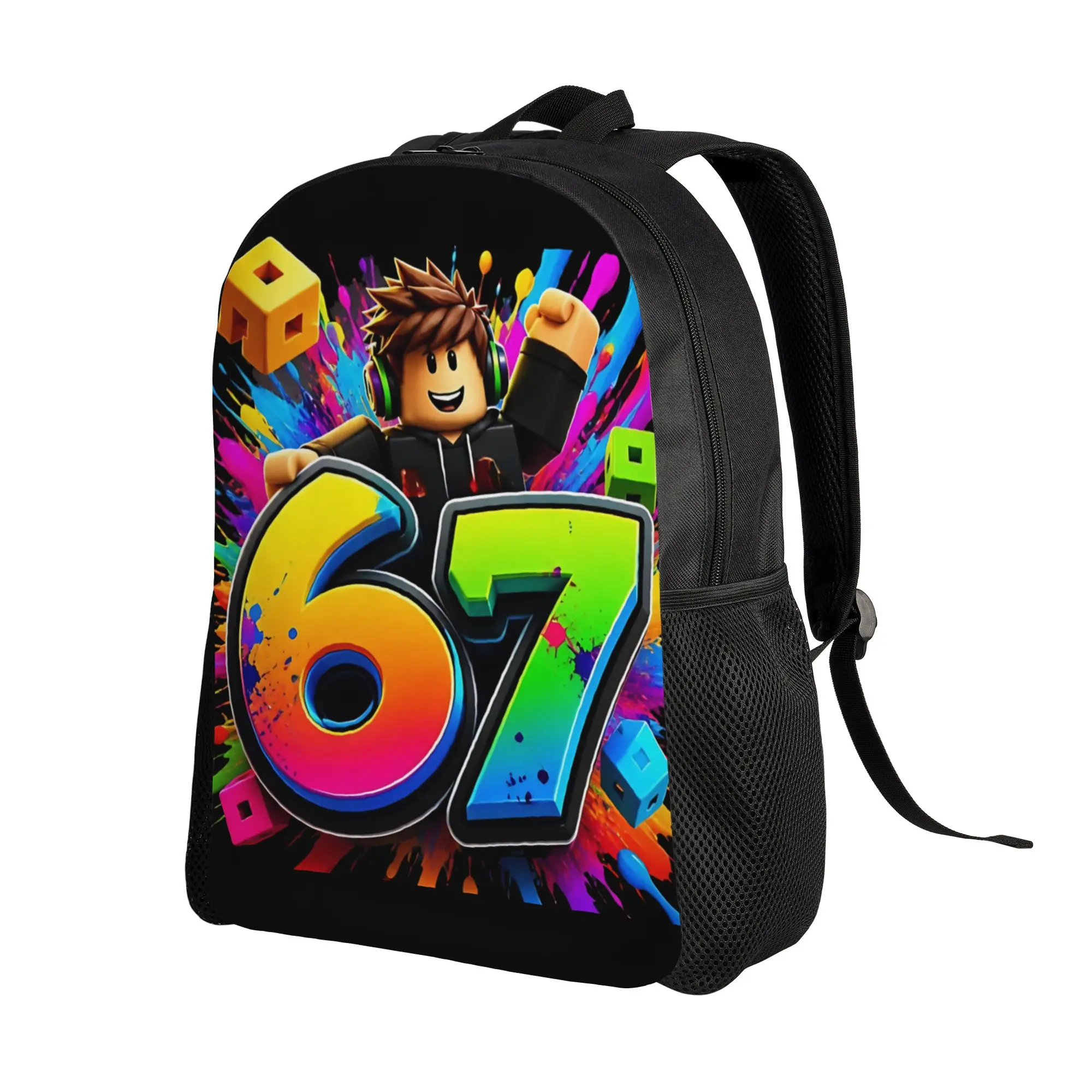 Robot Gamer Boy Number 67 Backpack for Men Women Casual High School Work Daypack Neon Paint Splash Laptop Shoulder Bag Outdoor