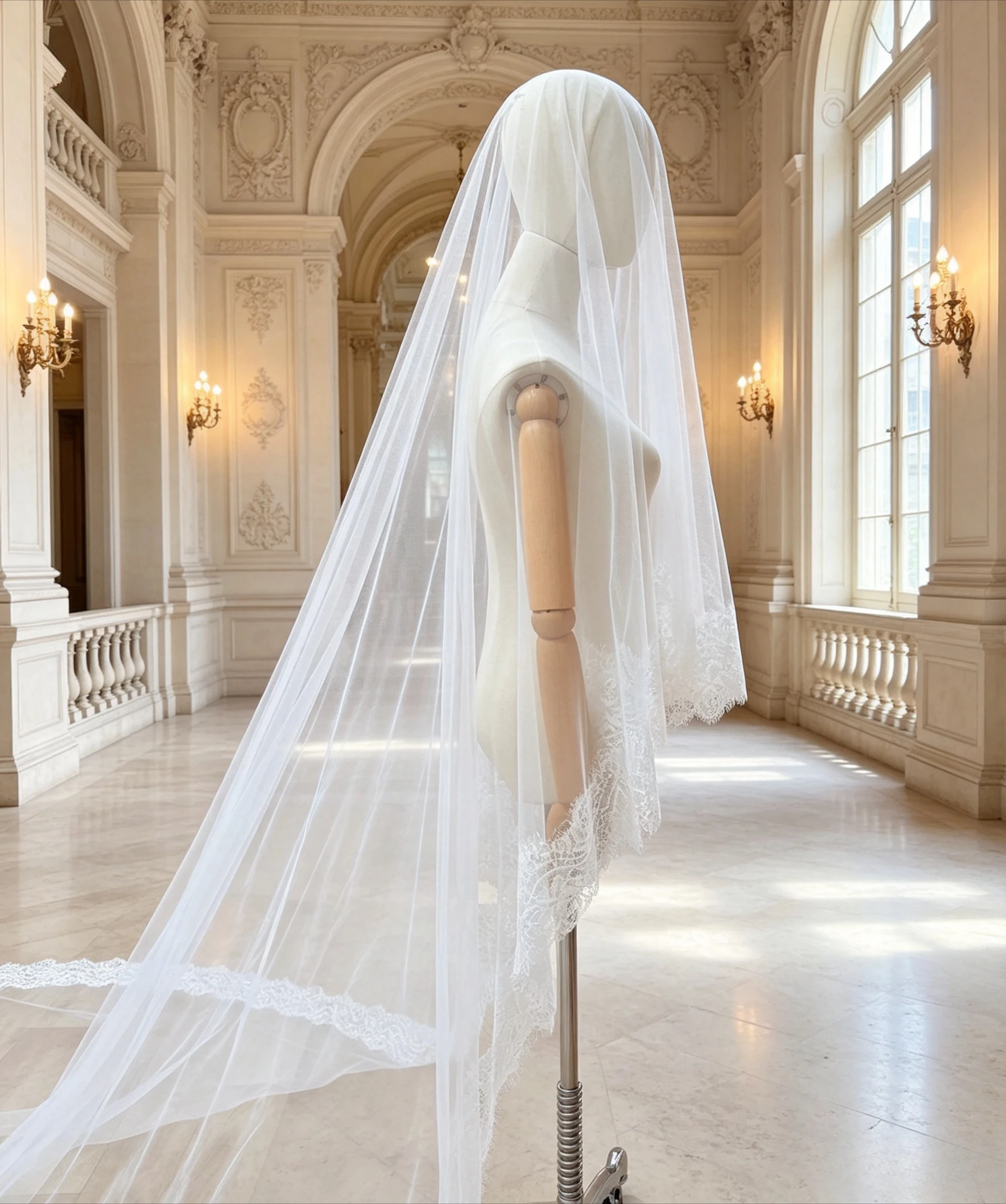 Wedding Dress Accessories Chantilly Lace Cathedral Wedding Veil 2-Tier Eyelash Lace Bridal Veil Blusher Soft Tulle Mantilla