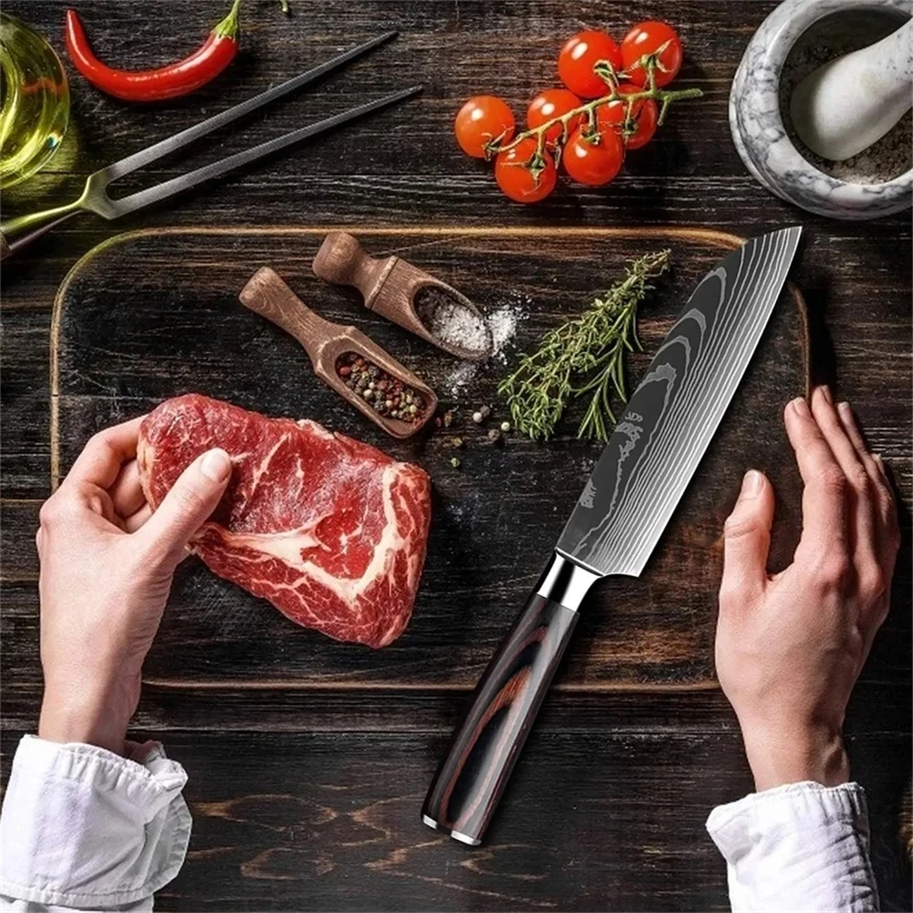 Japanese Kitchen Chef Santoku Knife Laser Damascus Pattern Professional Butcher Meat Cleaver Boning Fish Fruit Utility Knife