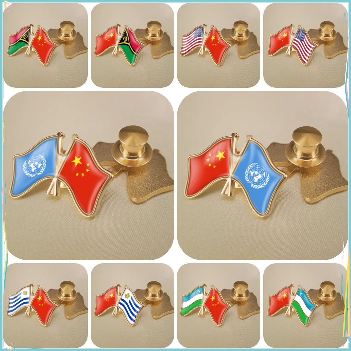 China and United Nations United States Uruguay Uzbekistan Vanuatu Crossed Double Friendship Flags Lapel Pins Brooch Badges