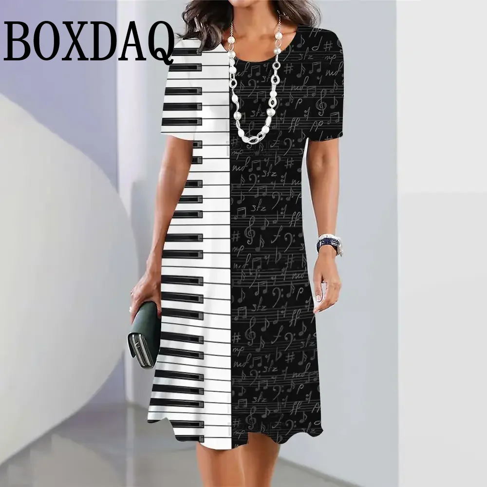 

Черно-белое платье с принтом музыкальной ноты, новинка лета 2025, женские платья, элегантное женское платье миди, модная женская одежда с короткими рукавами