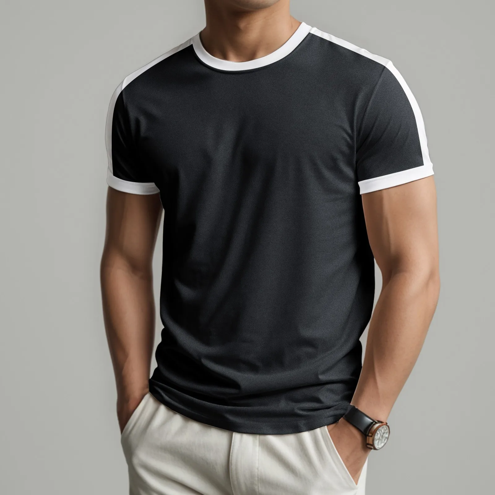 2025 Color Block Casual T Shirts for Men Summer Short Sleeve Sports Fitness Contrast T-shirt Male Round Neck New Chic Loose Tops