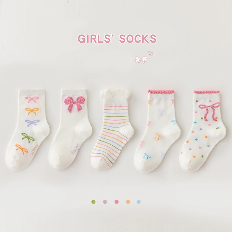 5 Pairs Sweet Kids Girls Ankle Socks Bow Ties Selected Combed Cotton Solid Breathable Comfortable Children's Socks for Girls