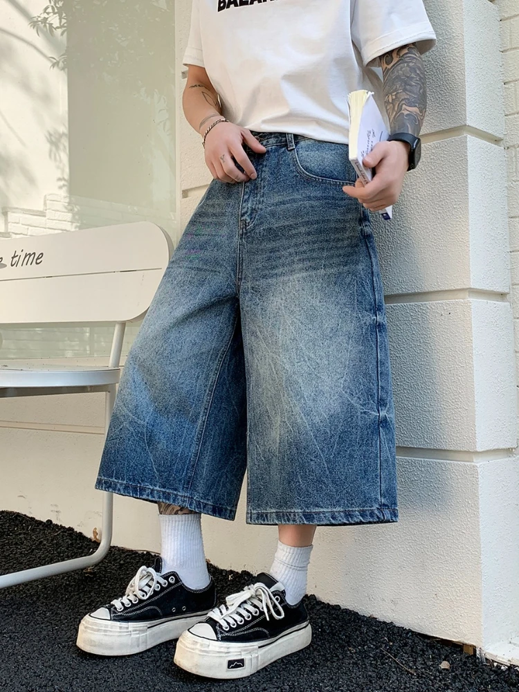 

Мужские джинсовые шорты в американском ретро-стиле с высокой талией, широкими штанинами, весенние, уличный стиль, свободный крой, длина 3/4, универсальные повседневные джинсы