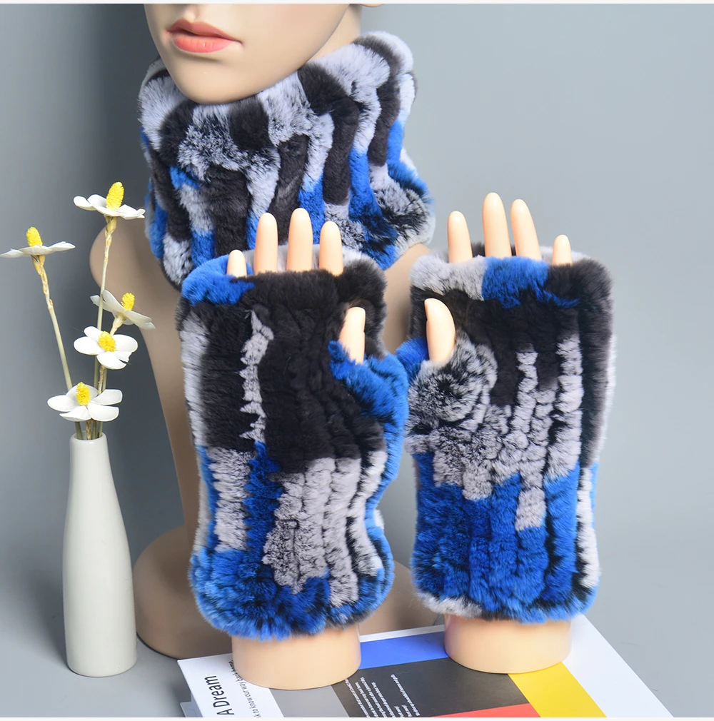 One Set Women Real Rex Rabbit Fur Cuff+Headband Winter Warmer Hat Arm Wrist Sleeve Gloves Female Real Fur Cap+Elastic Wristband