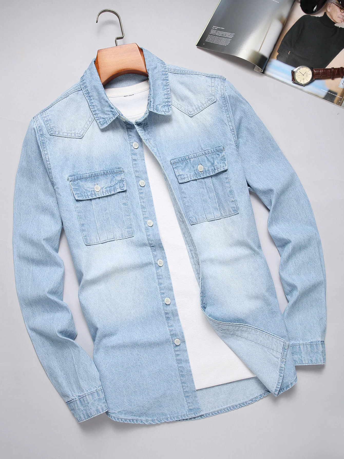 GELITAYIN Pure Cotton Washed Blue Denim Shirt For Men - Loose Fit, Trendy, Cardigan Style, Fashionable And Casual Top