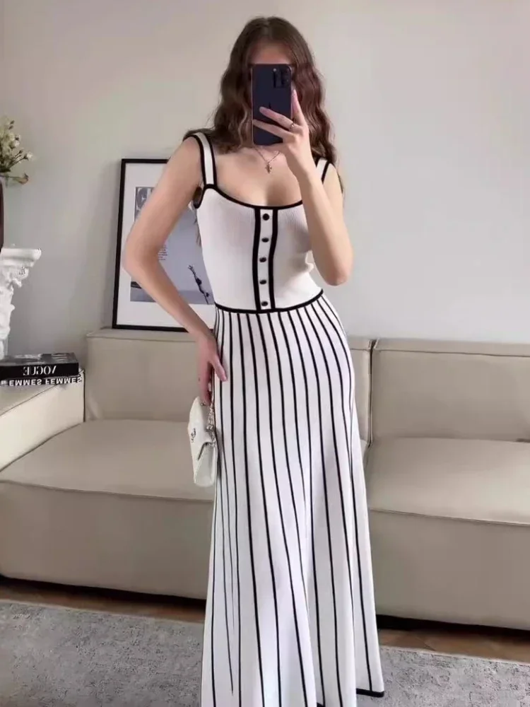 Summer Knitted Long Dress Women Elegant Striped Slim Party Dresses Fashion Strap Patchwork Basic Maxi Dresses 2024 White