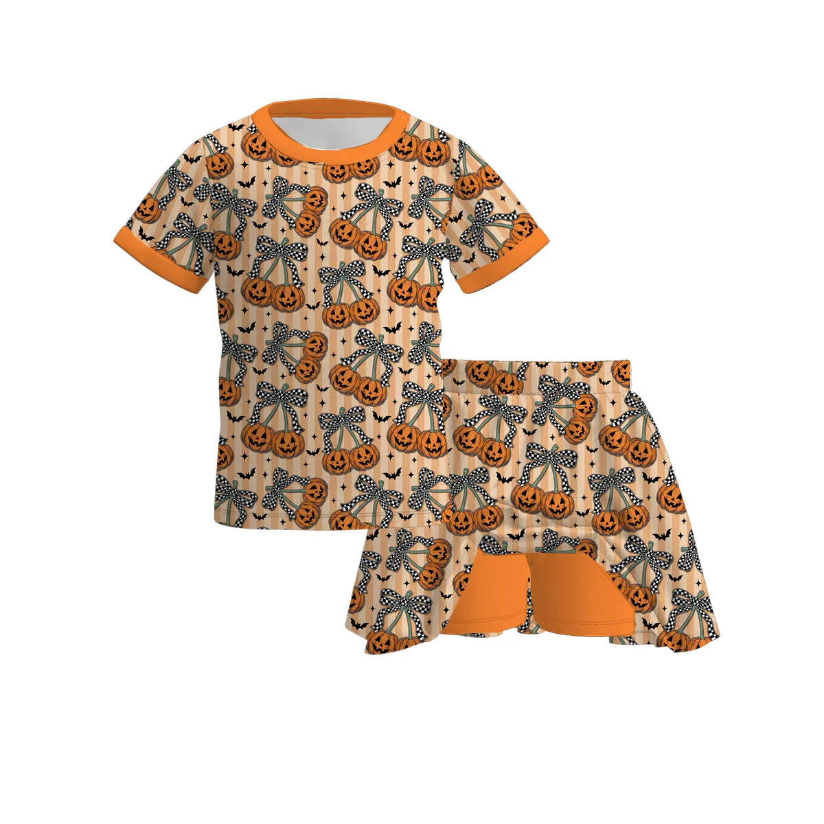 Kids Fall Toddler Girls Pastel Halloween Outfit Ghost Pumpkin Bat Print Short Sleeve Twirl Dress Skort Set