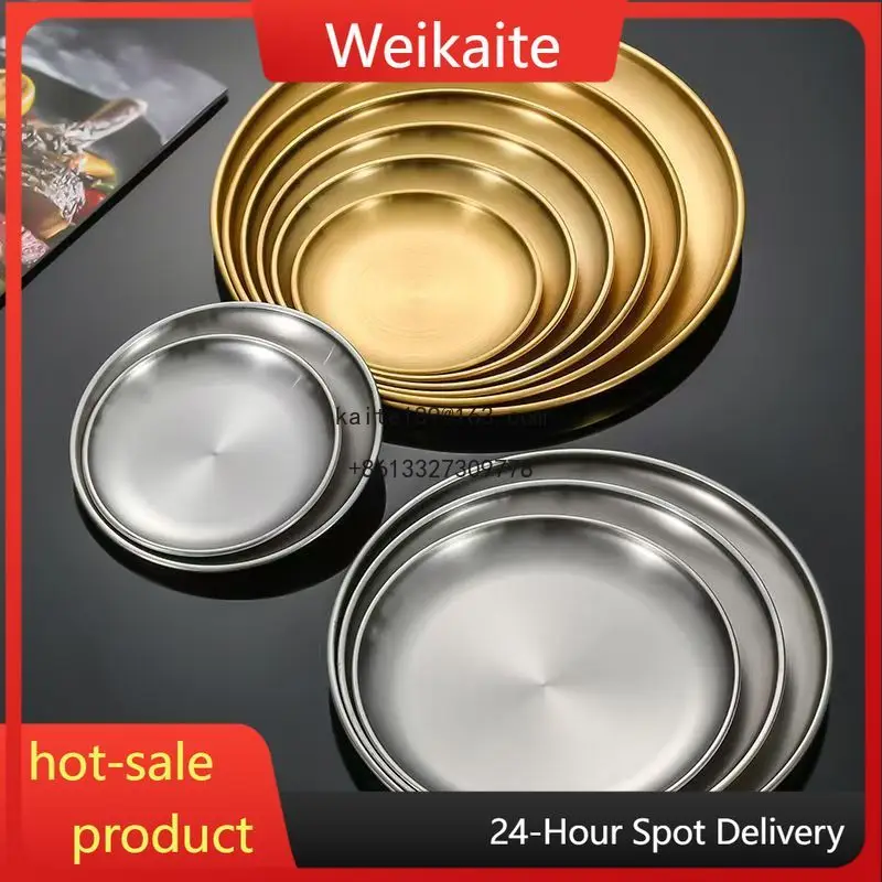 

304 Korean stainless steel barbecue Metal tray Western food plate BBQ plate Buffet BBQ Round