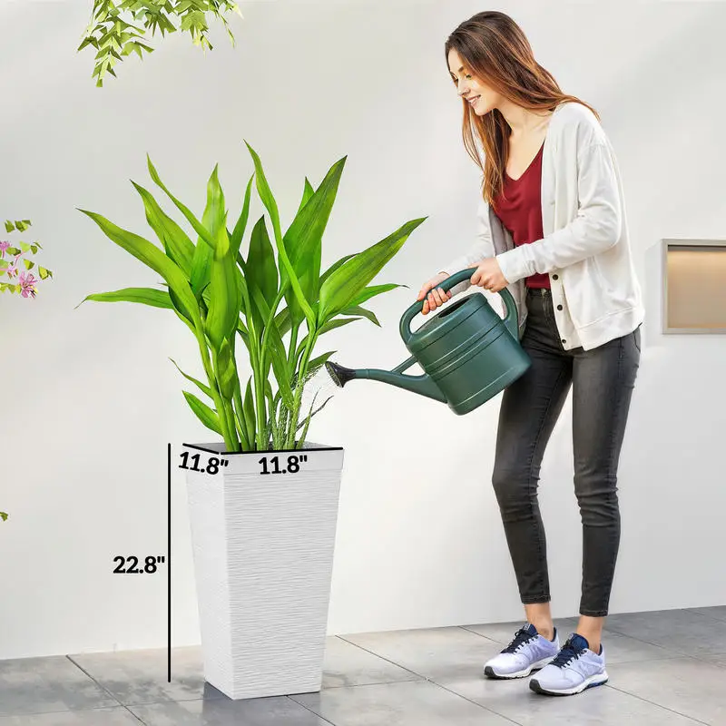 Outsunny 22.8 Inch Set of 3 Outdoor Planters with Stone Finish and Wheels, Stackable Tapered Planters with Drainage Hole, White