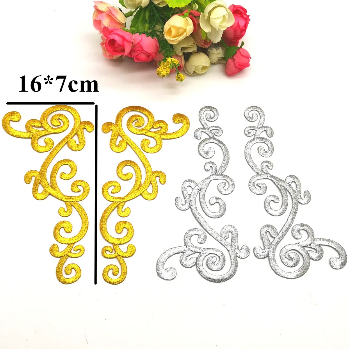 Gold Embroidery Patches Iron On Appliqued Mirror Pairs Diy Garment Costumes Trims 16cm*7cm