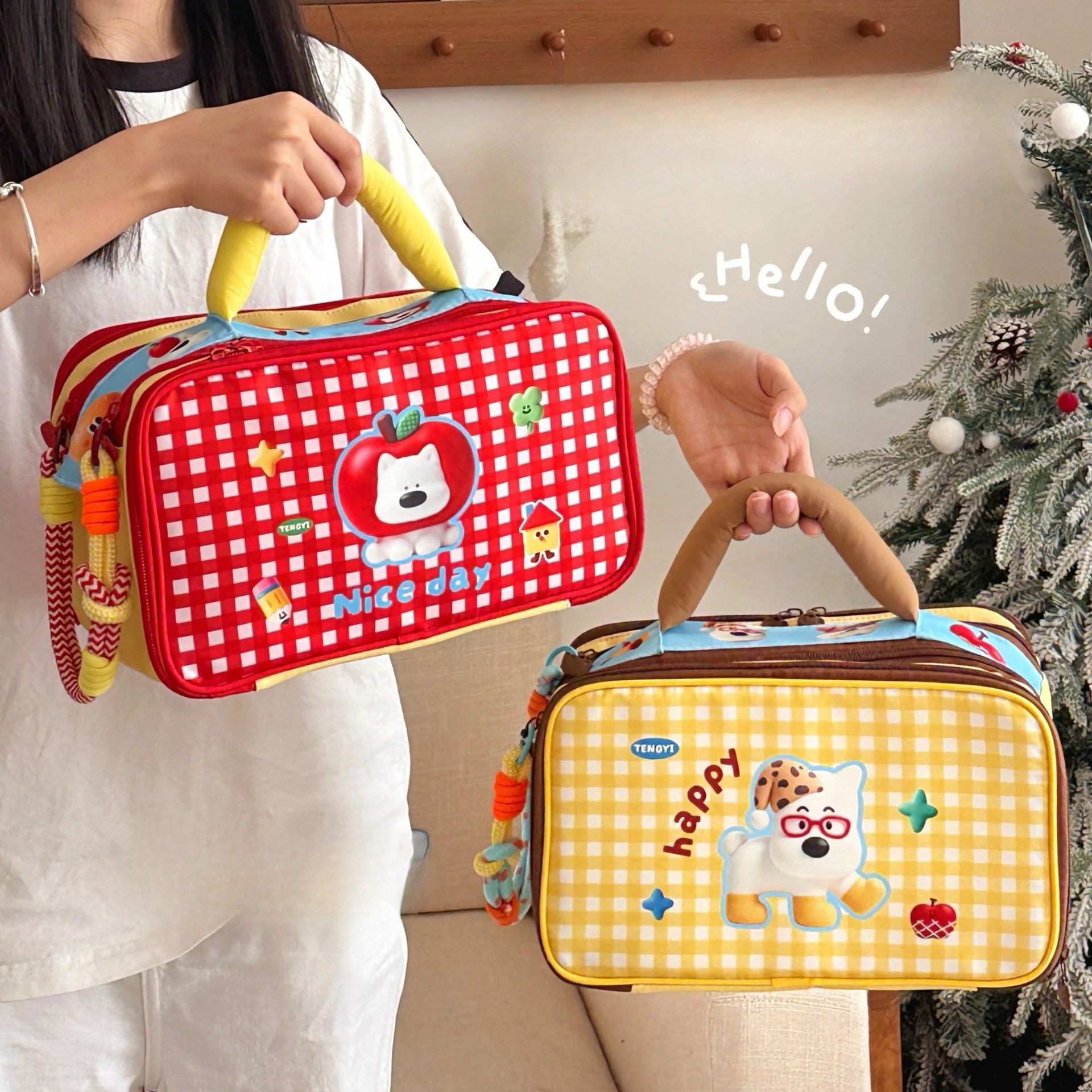Kawaii Grid Pattern Cartoon Puppy Print Cosmetic Bag,Large Capacity Travel Organizer Portable Handheld Toiletry Bag