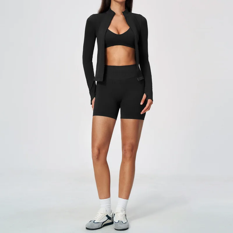 Women 3Pcs Seamless Yoga Workout Set Zip Up Stand Collar Jacket Shockproof Bra High Waist Shorts Quick Dry Breathable Gym Sports