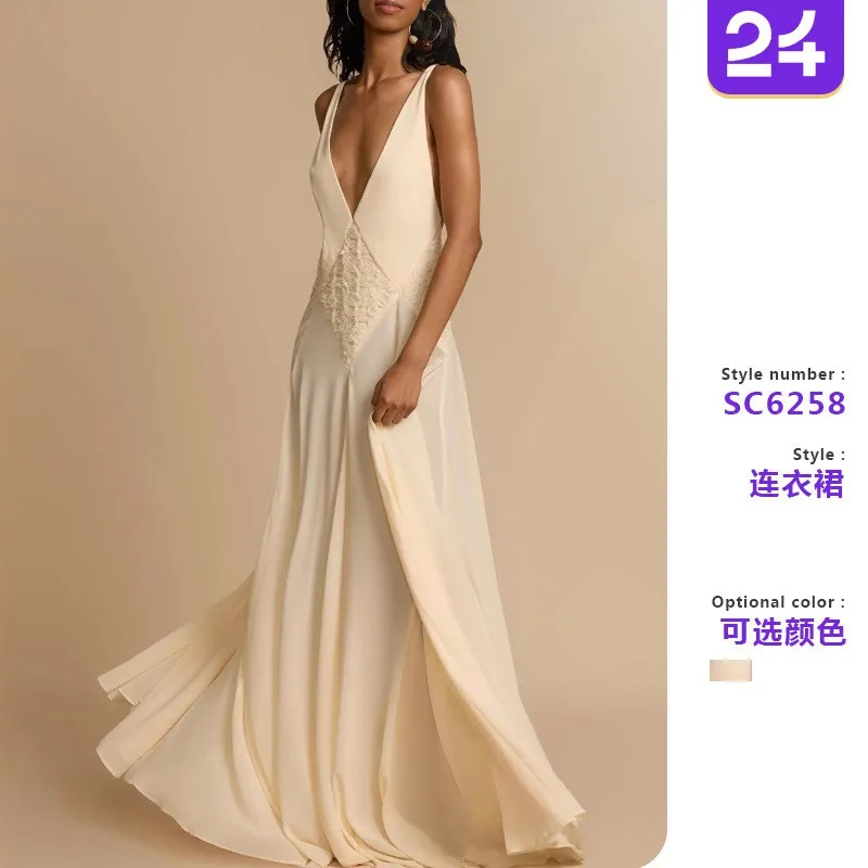 

Summer White Dress Woman Elegant Party Spaghetti Strap Sheer Long Maxi Dress Backless Lace Panel Side Slit Evening Dress