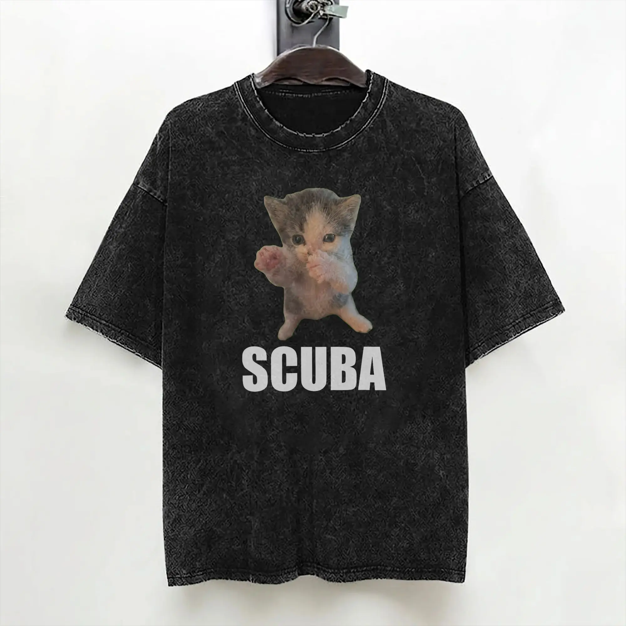 Cute Cat Scuba Dancing Meme T Shirt Washed Short Sleeve Street T-Shirts  Vintage Men Women Streetwear Graphic Printed Tee Shirt