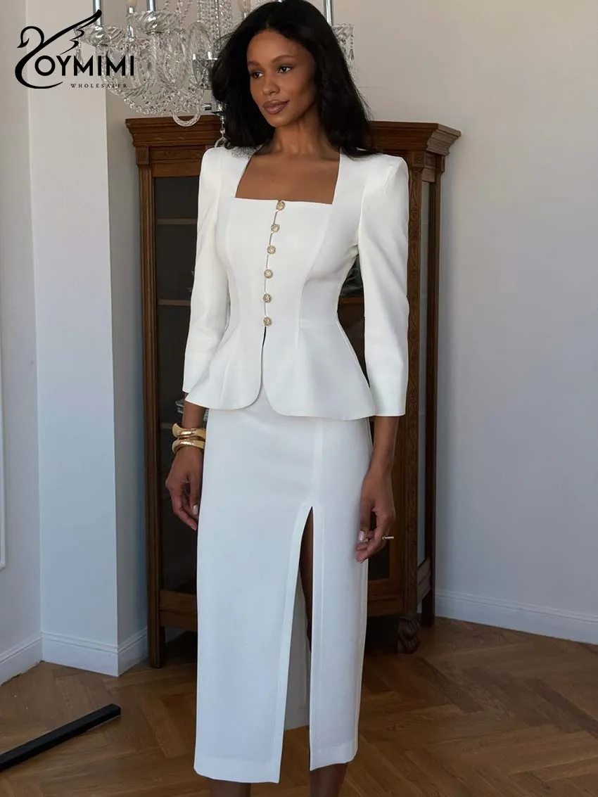 

Oymimi женский белый костюм-двойка 2026 весенний пиджак с баской и юбка-миди с разрезом и квадратным вырезом на пуговицах, официальная офисная вечеринка, наряды