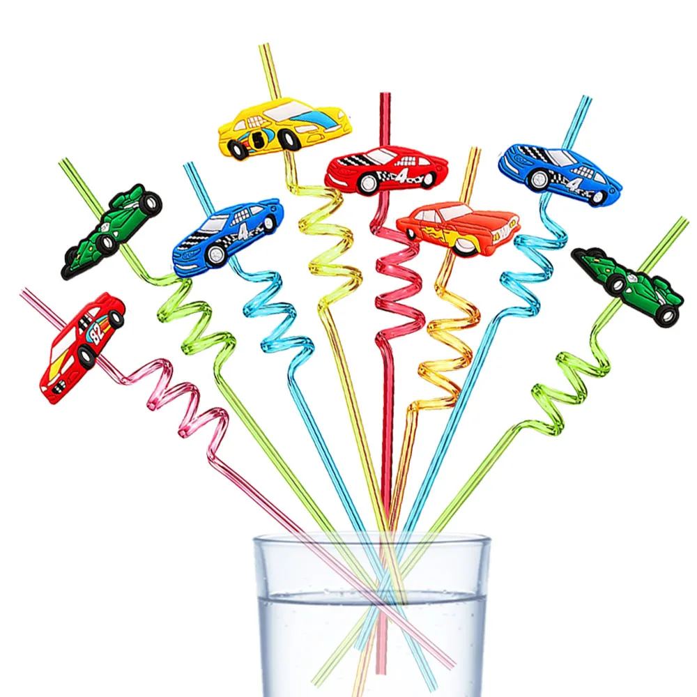 Race Car Party Faver 8pcs 25cm Reusable Race Car Drinking Straw Two Fast Party Reusable Plastic Drinking Straw Boy Birthday Deco